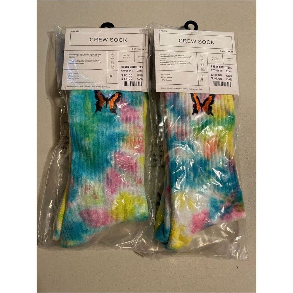 Urban Outfitters Tie-Dye Crew Socks with Butterfly Accent - Multicolor NWT x2